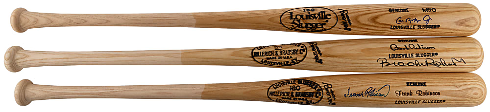 Baltimore Orioles Legends Single-Signed Bat Trio with Ripken Jr., B. Robinson & F. Robinson