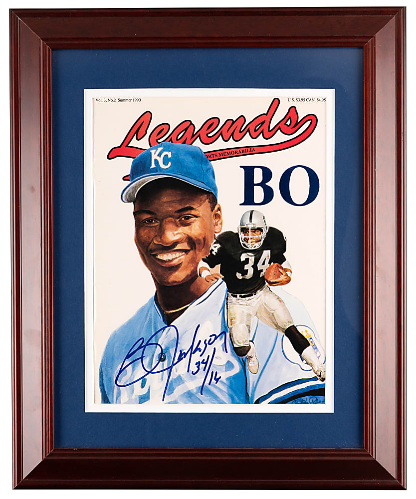 Bo Jackson Signed Legends Magazine Framed Display with Rare Dual-Uniform Number Inscription Plus 1986 Topps Traded Rookie