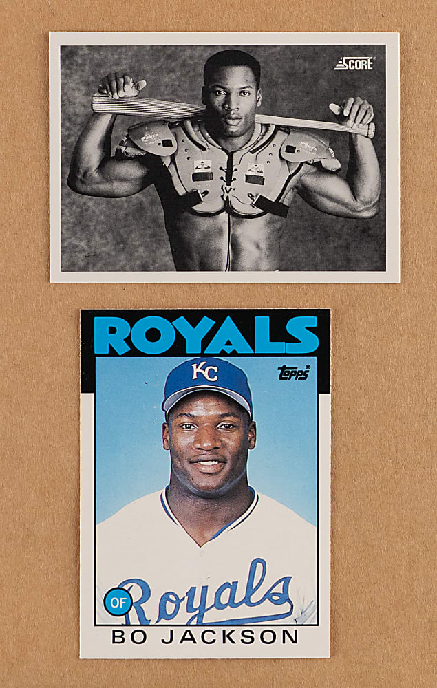 Bo Jackson Signed Legends Magazine Framed Display with Rare Dual-Uniform Number Inscription Plus 1986 Topps Traded Rookie