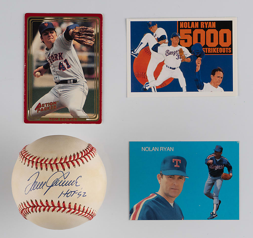 Nolan Ryan & Tom Seaver Group (4) with (3) Autographed Including Nolan Ryan "Express" Ron Lewis Poster