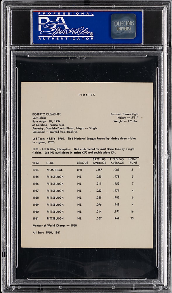 1962 Kahn's Wieners Roberto Clemente PSA NM 7