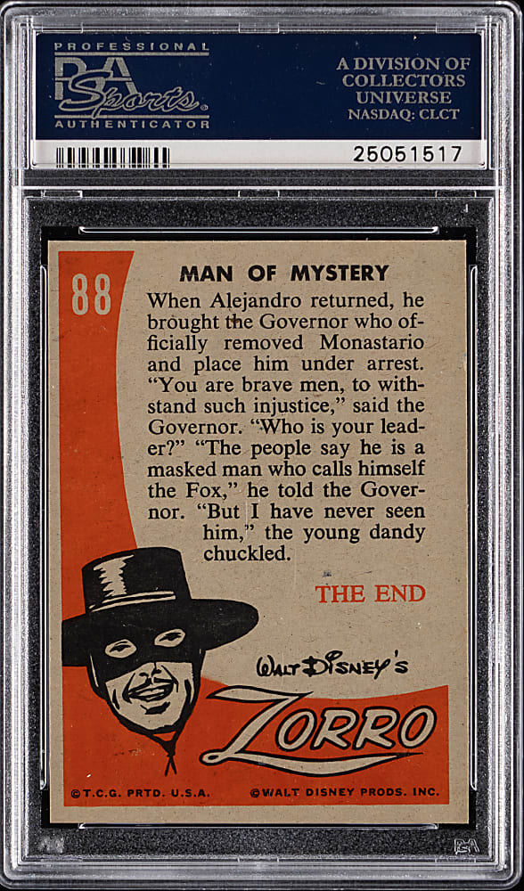 1958 Topps Zorro #88 Man of Mystery PSA MINT 9 (Population 1 with None Higher)