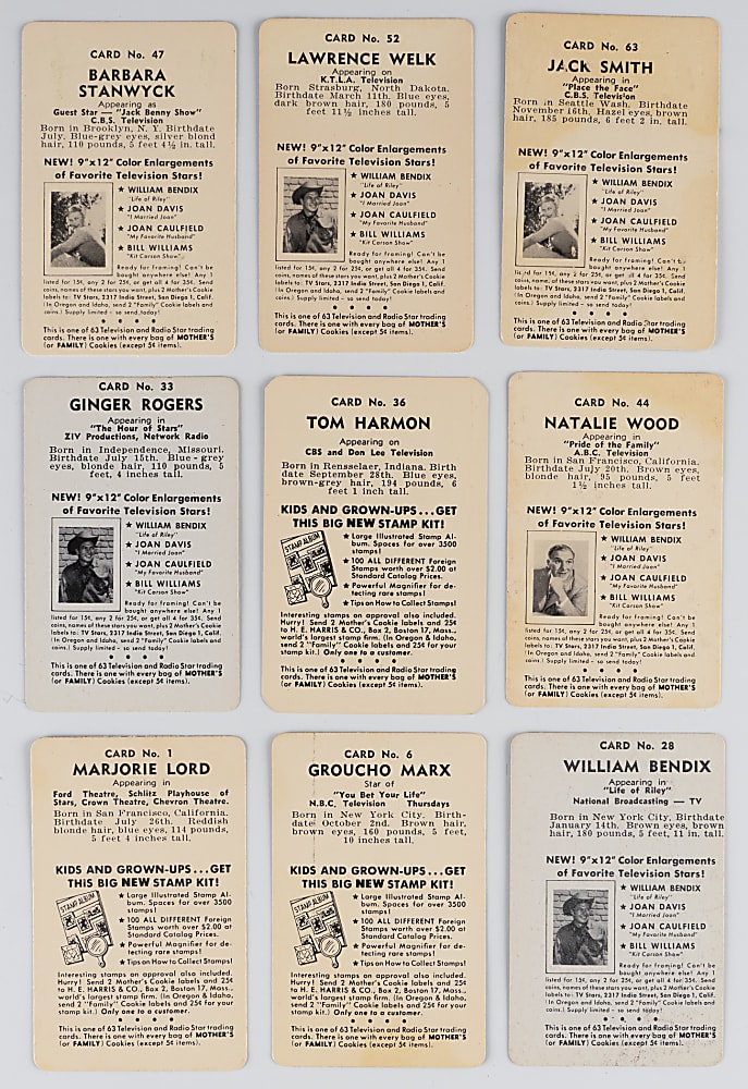 1952 D77 Mother's Cookies Television & Radio Stars Complete Set (63)