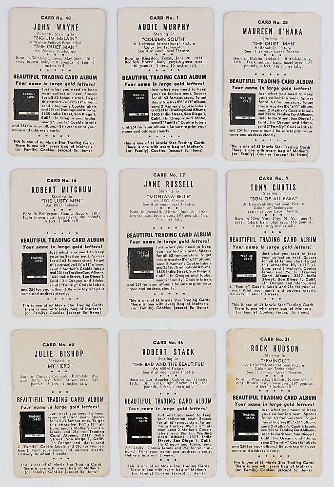 1953 D57 Mother's Cookies Movie Stars Near Complete Set (62/63) with John Wayne