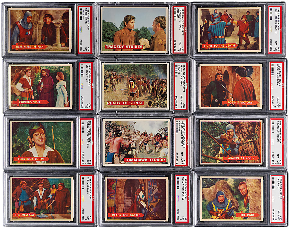 1956 Topps Davy Crockett Orange/Green Complete Set Pair & 1957 Topps Robin Hood Set - (220 Total Cards) with (12) PSA NM 7 Graded or Better