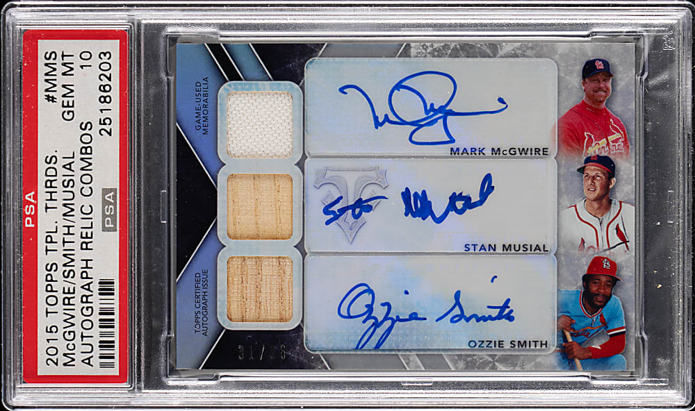 2015 Topps Triple Threads Autograph/Relic Combos Mark McGwire/Ozzie Smith/Stan Musial PSA GEM MINT 10