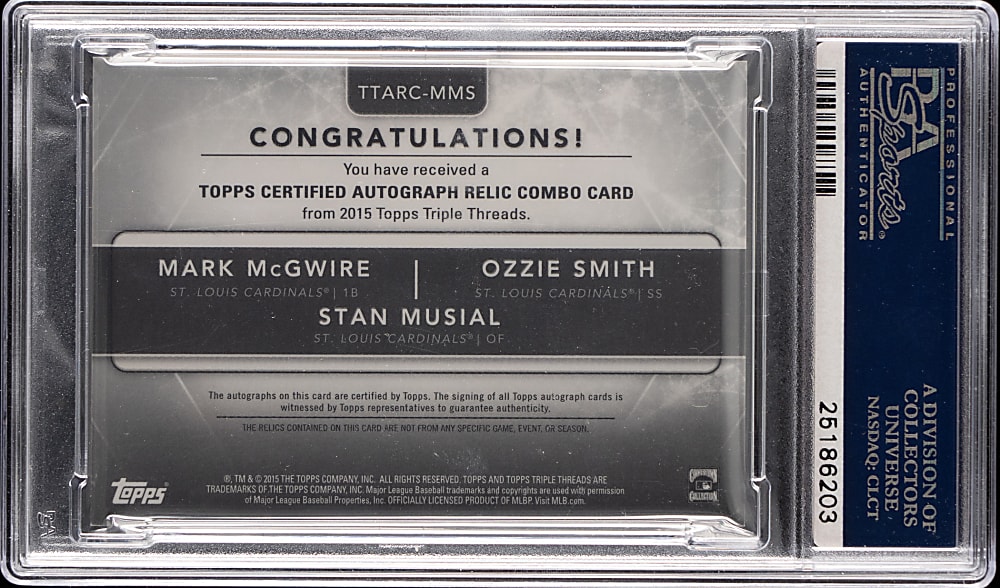 2015 Topps Triple Threads Autograph/Relic Combos Mark McGwire/Ozzie Smith/Stan Musial PSA GEM MINT 10