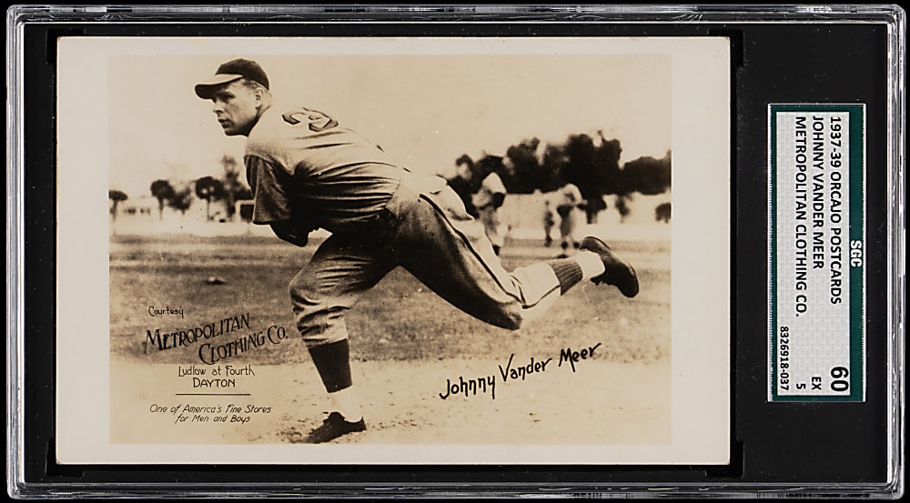 1937-1939 Orcajo Cincinnati Reds Postcards Johnny Vander Meer with Metropolitan Clothing Co. Ad SGC EX 5
