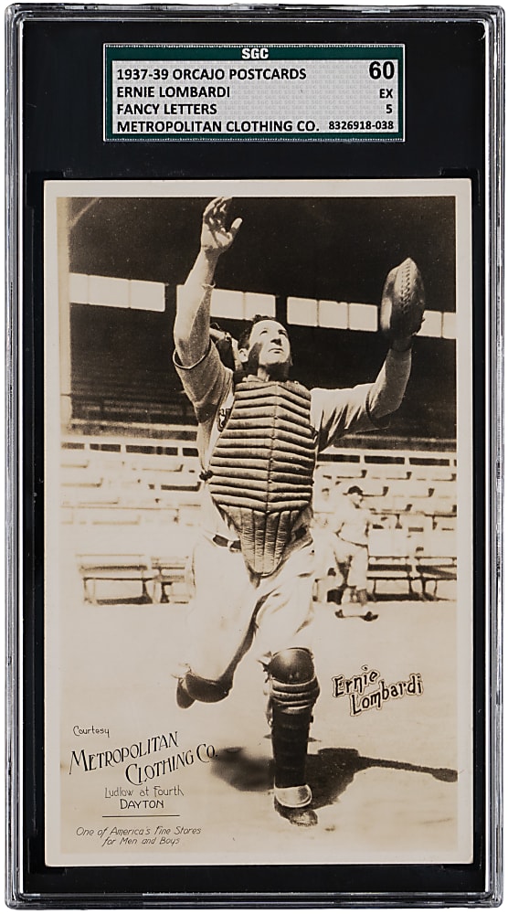 1937-1939 Orcajo Cincinnati Reds Postcards Ernie Lombardi Fancy Letters with Metropolitan Clothing Co. Ad SGC EX 5