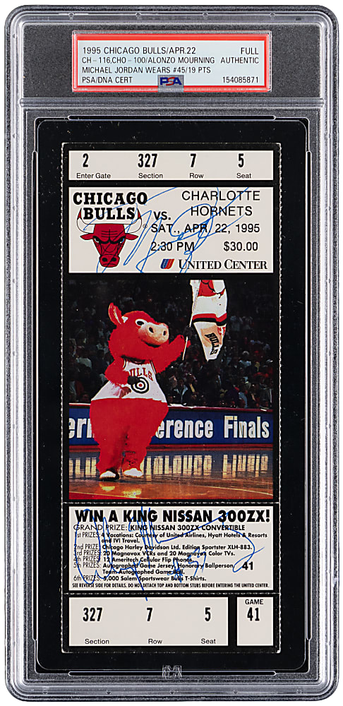 1995 Michael Jordan and Alonzo Mourning Dual-Signed Full Ticket - PSA/DNA Authentic with Jordan Wears #45 Noted
