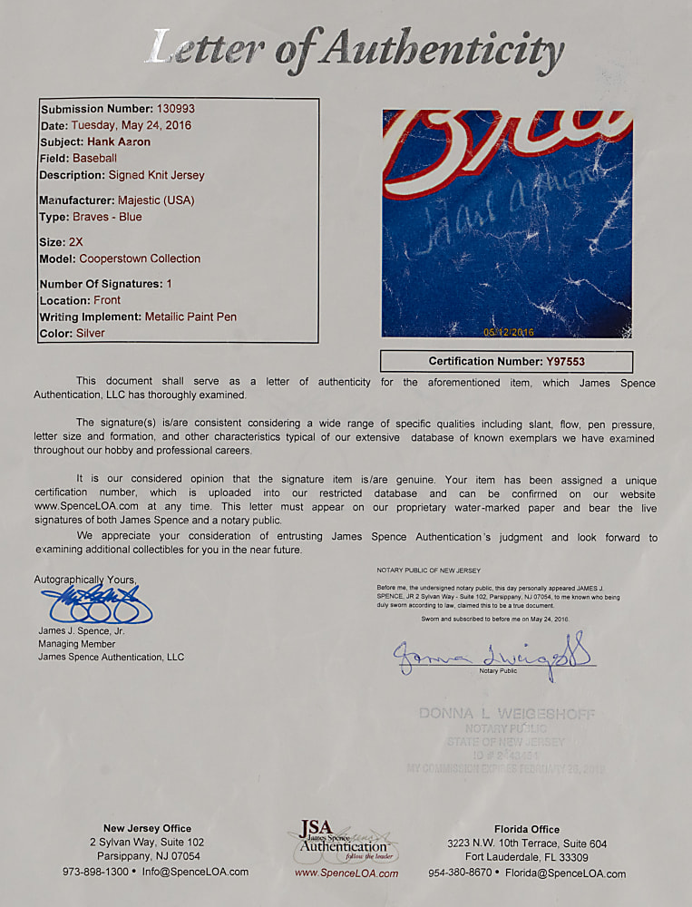 Hank Aaron Signed Atlanta Braves Cooperstown Collection Jersey with JSA LOA