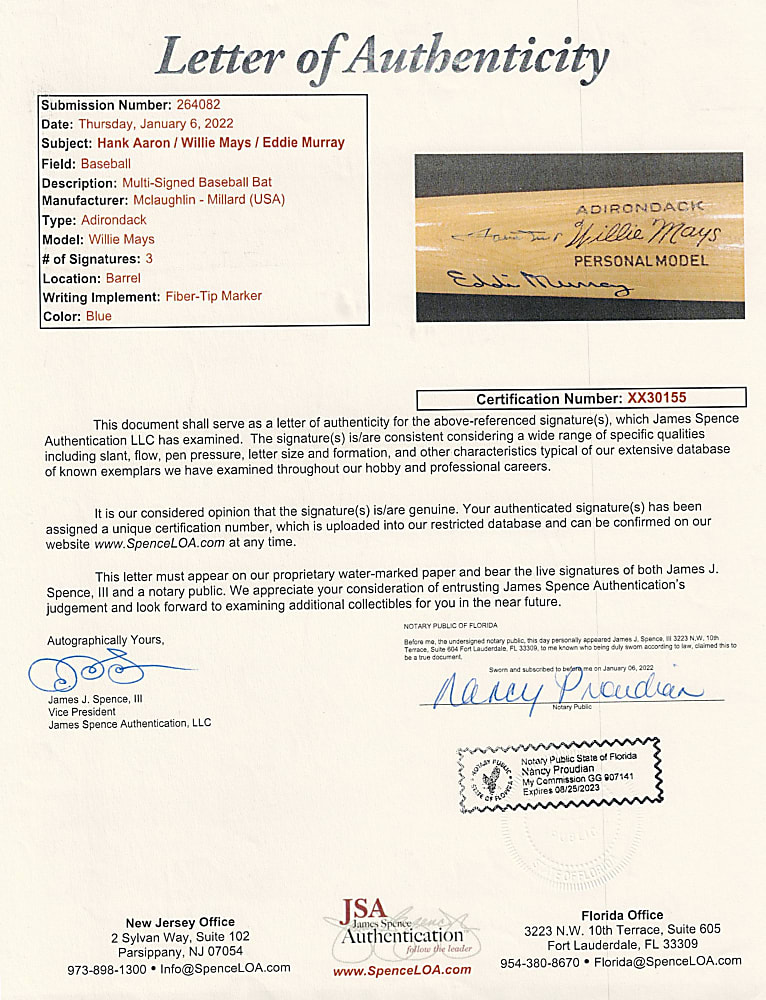3500 Club Signed Willie Mays Model Bat with Hank Aaron, Willie Mays & Eddie Murray - Full JSA LOA