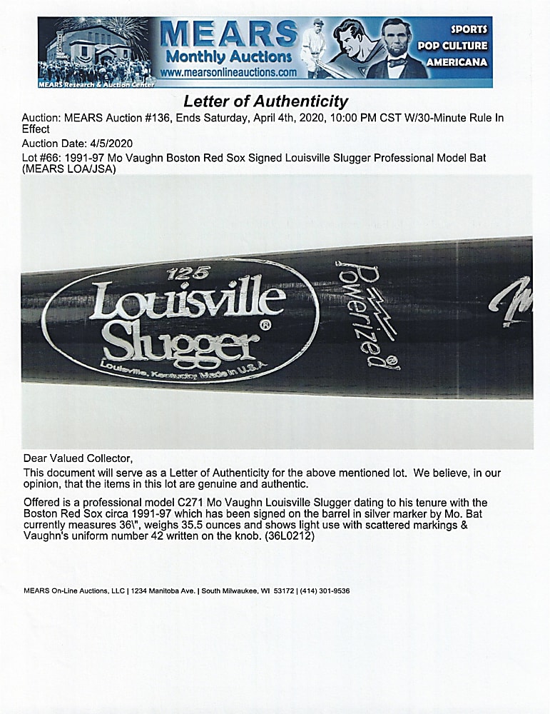 1991-1997 Mo Vaughn Signed Boston Red Sox Game-Used Bat - JSA COA & MEARS (MVP Era)