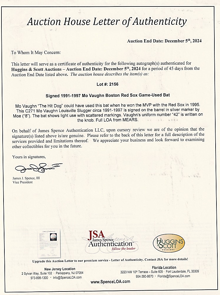 1991-1997 Mo Vaughn Signed Boston Red Sox Game-Used Bat - JSA COA & MEARS (MVP Era)