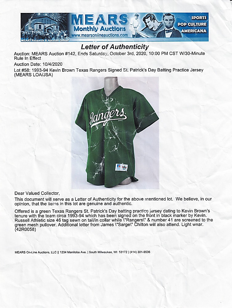 1993-1994 Kevin Brown Signed Game-Used Texas Rangers St. Patrick's Day Batting Practice Jersey - JSA & MEARS