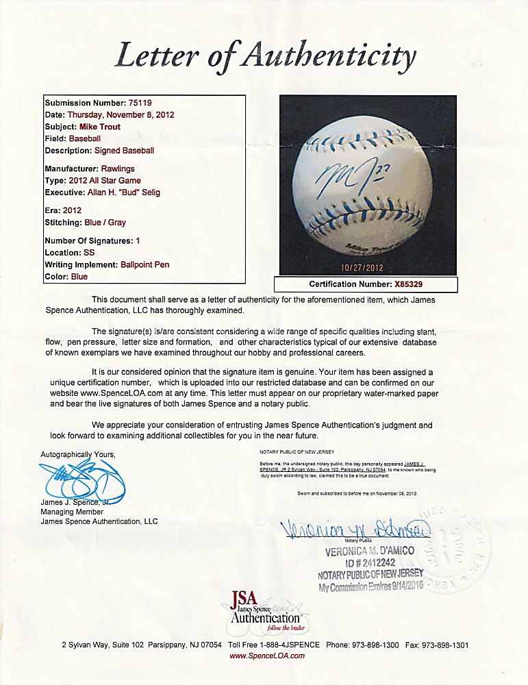 Mike Trout Single-Signed 2012 Official All-Star Game Baseball - Beckett/JSA Auto "10" - Full JSA
