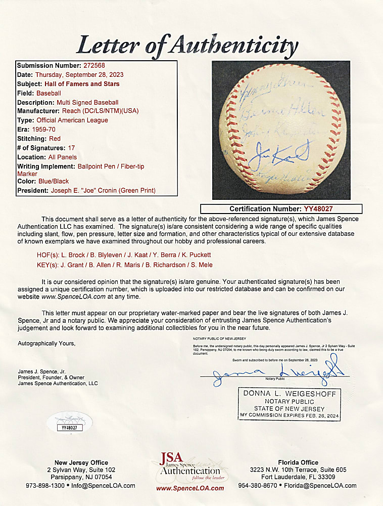Interesting Hall of Famer/Star Multi-Signed OAL/Cronin Baseball with (17) Signatures Including Maris & Puckett - JSA LOA