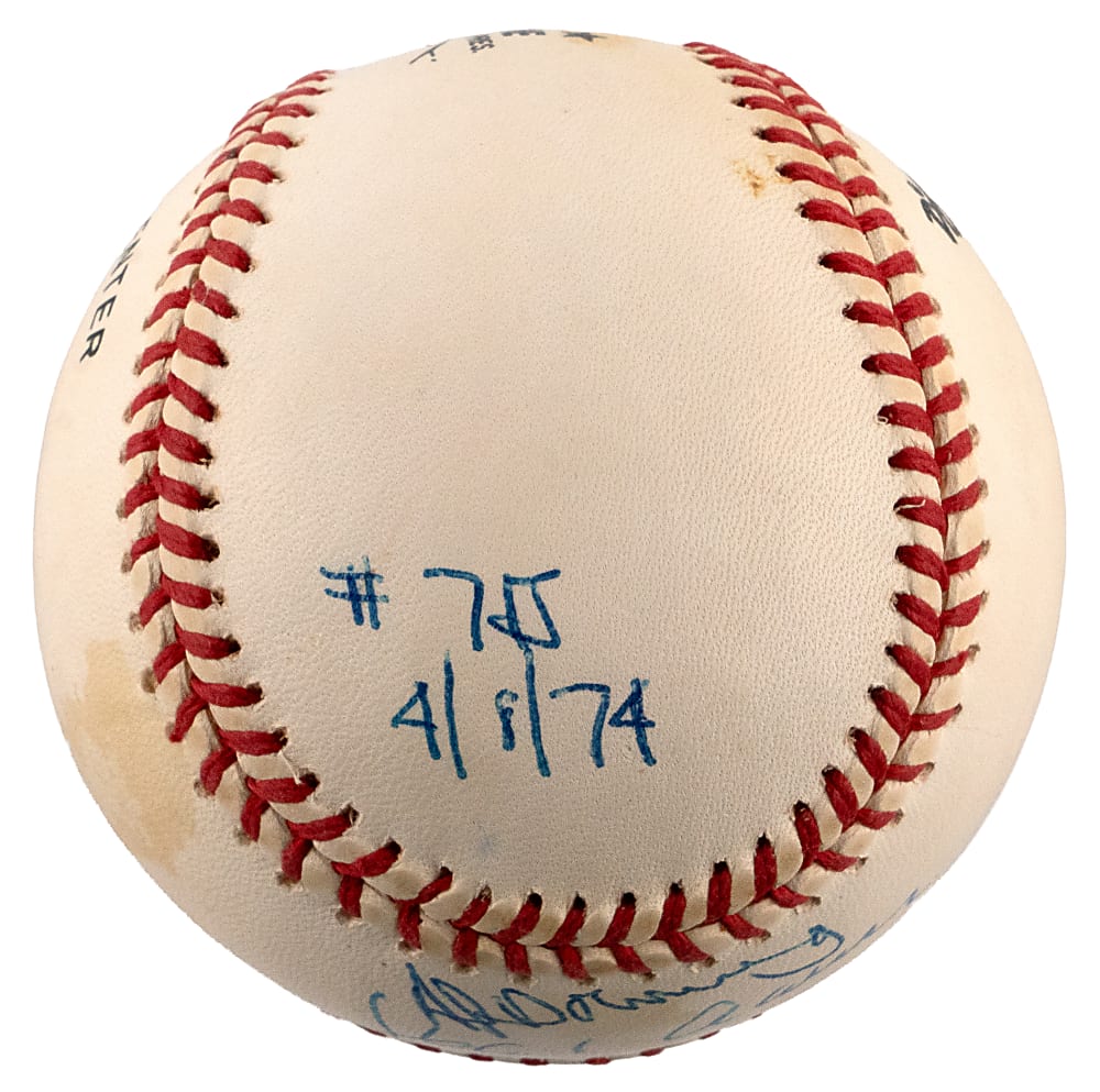 Hank Aaron & Al Downing Dual-Signed ONL/Coleman Baseball with "#755, 4/8/74" Inscriptions - JSA LOA