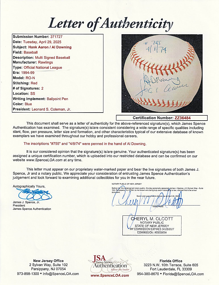 Hank Aaron & Al Downing Dual-Signed ONL/Coleman Baseball with "#755, 4/8/74" Inscriptions - JSA LOA