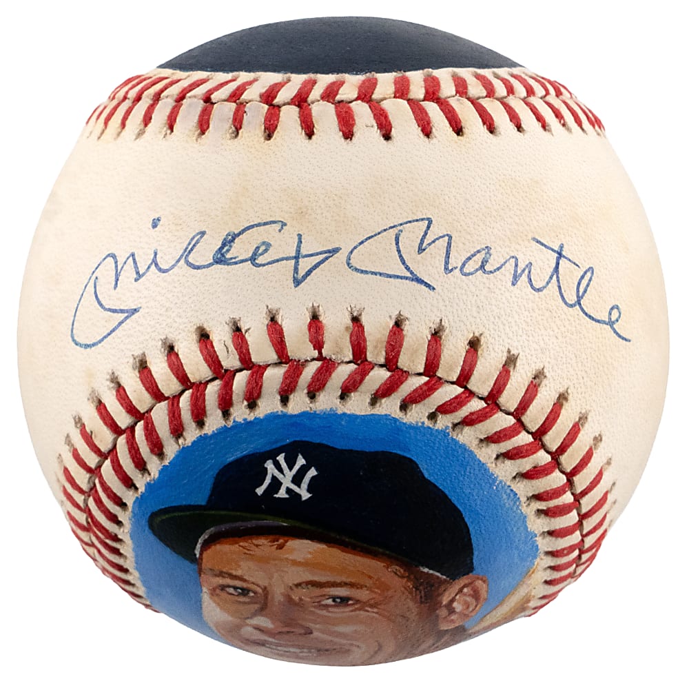 Mickey Mantle Single-Signed Hand-Painted Portrait Brown/OAL Baseball by Artist Scott West - JSA LOA