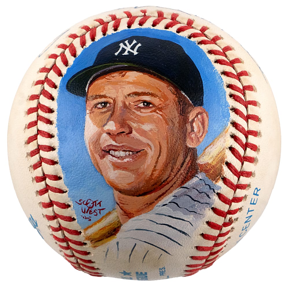 Mickey Mantle Single-Signed Hand-Painted Portrait Brown/OAL Baseball by Artist Scott West - JSA LOA