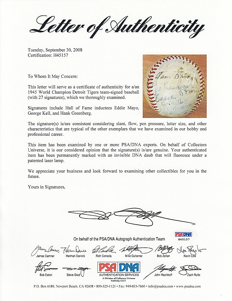 1945 World Champions Detroit Tigers Team-Signed Baseball (27) Including Hank Greenberg - PSA LOA