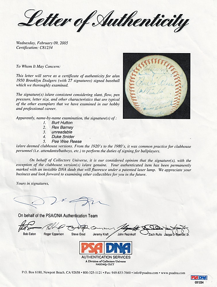 1950 Brooklyn Dodgers Team-Signed Baseball with (27) Signatures Including Jackie Robinson & Roy Campanella - PSA/DNA LOA