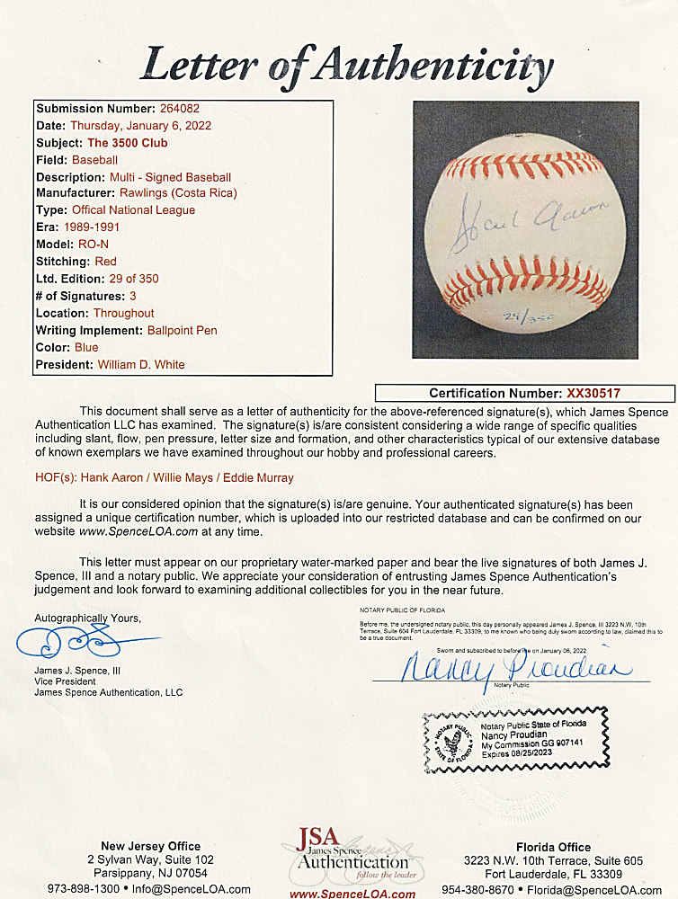 3500 Club Signed White/ONL Baseball with Hank Aaron, Willie Mays & Eddie Murray (LE #29/350) - JSA LOA