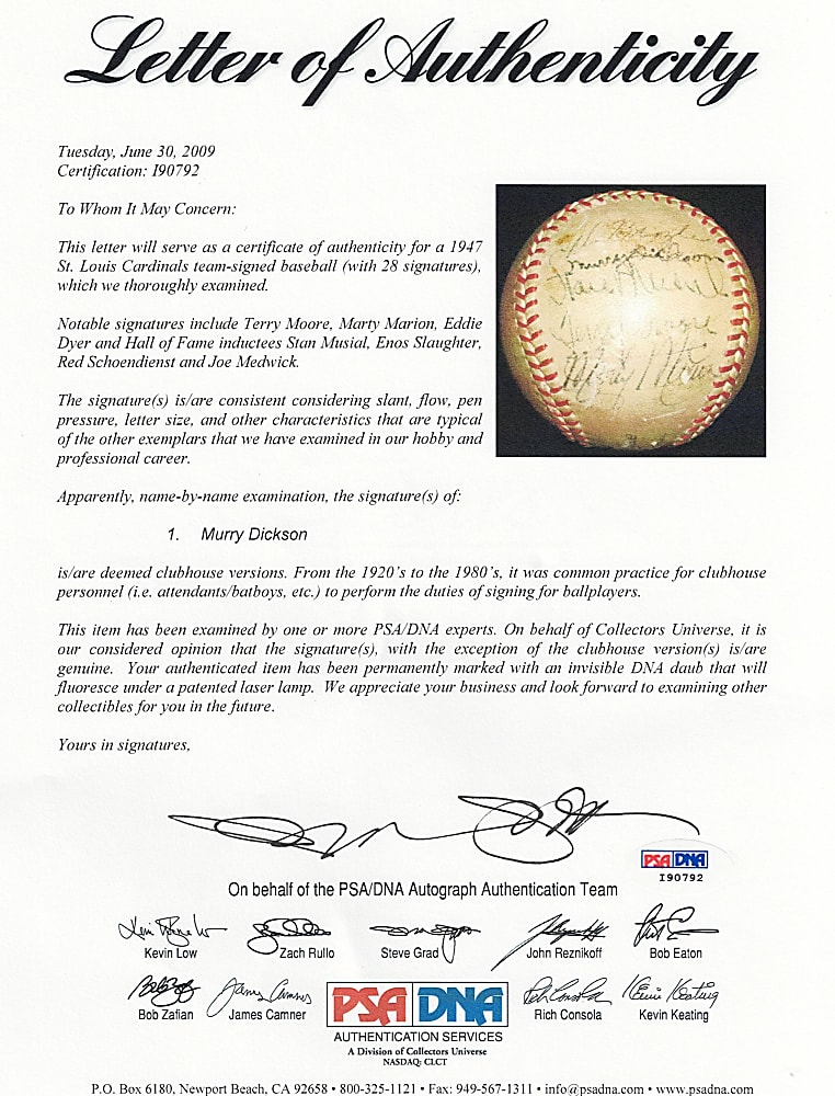 1947 St. Louis Cardinals Team-Signed Baseball (18) Including Stan Musial & Joe Medwick - PSA LOA