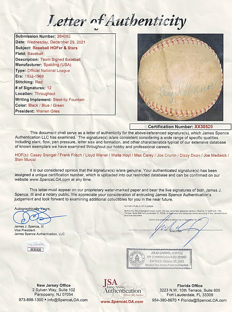 Hall of Famer & Stars Signed ONL/Giles Baseball with (12) Including Dean, Stengel & L. Waner - JSA LOA