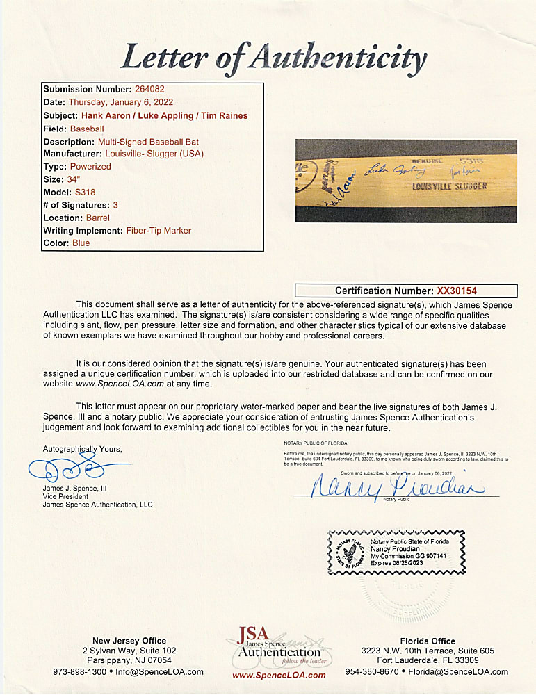 Hall of Famer Signed Bat Pair with Yount 3000 Hit LE & Hank Aaron, Luke Appling & Tim Raines - Each with JSA LOA