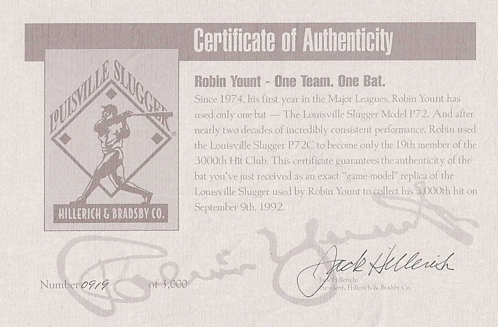 Hall of Famer Signed Bat Pair with Yount 3000 Hit LE & Hank Aaron, Luke Appling & Tim Raines - Each with JSA LOA