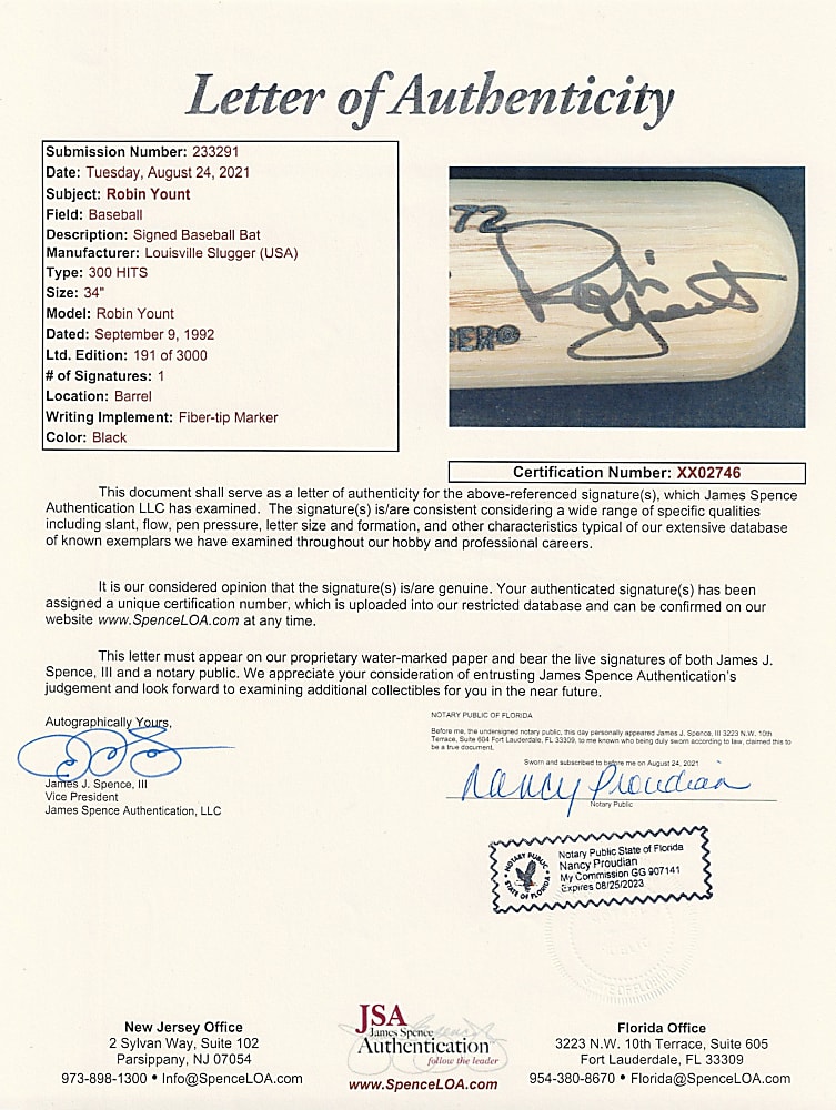 Hall of Famer Signed Bat Pair with Yount 3000 Hit LE & Hank Aaron, Luke Appling & Tim Raines - Each with JSA LOA