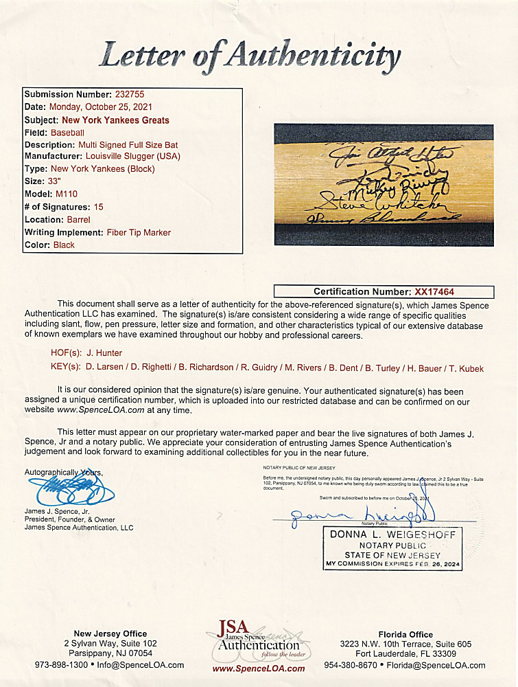 New York Yankees Signed Bat Pair with (19) Including (6) Hall of Famers & (2) Catfish Hunter - Both JSA