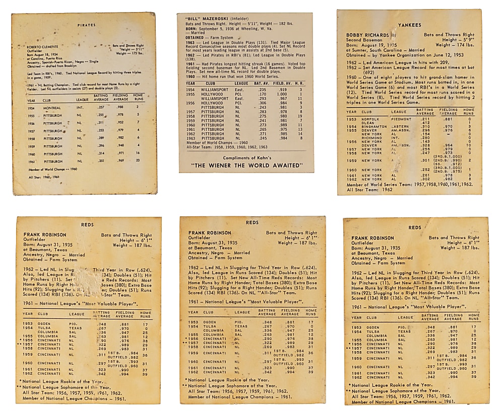 1962-1964 Kahn's Wieners Collection (37) with (5) Hall of Famers Including 1962 Roberto Clemente