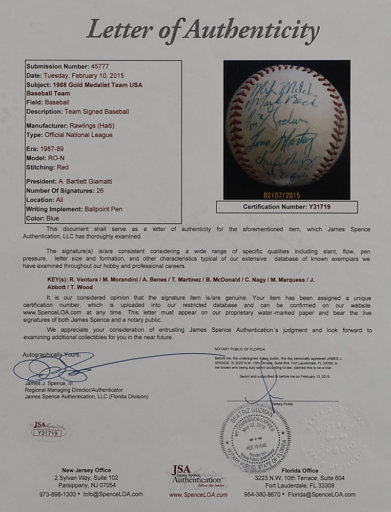 1988 Team USA Olympic Gold Medalist Team-Signed ONL/Giamatti Baseball with (26) Signatures Including Ventura, Abbott & T. Martinez Plus Full JSA LOA