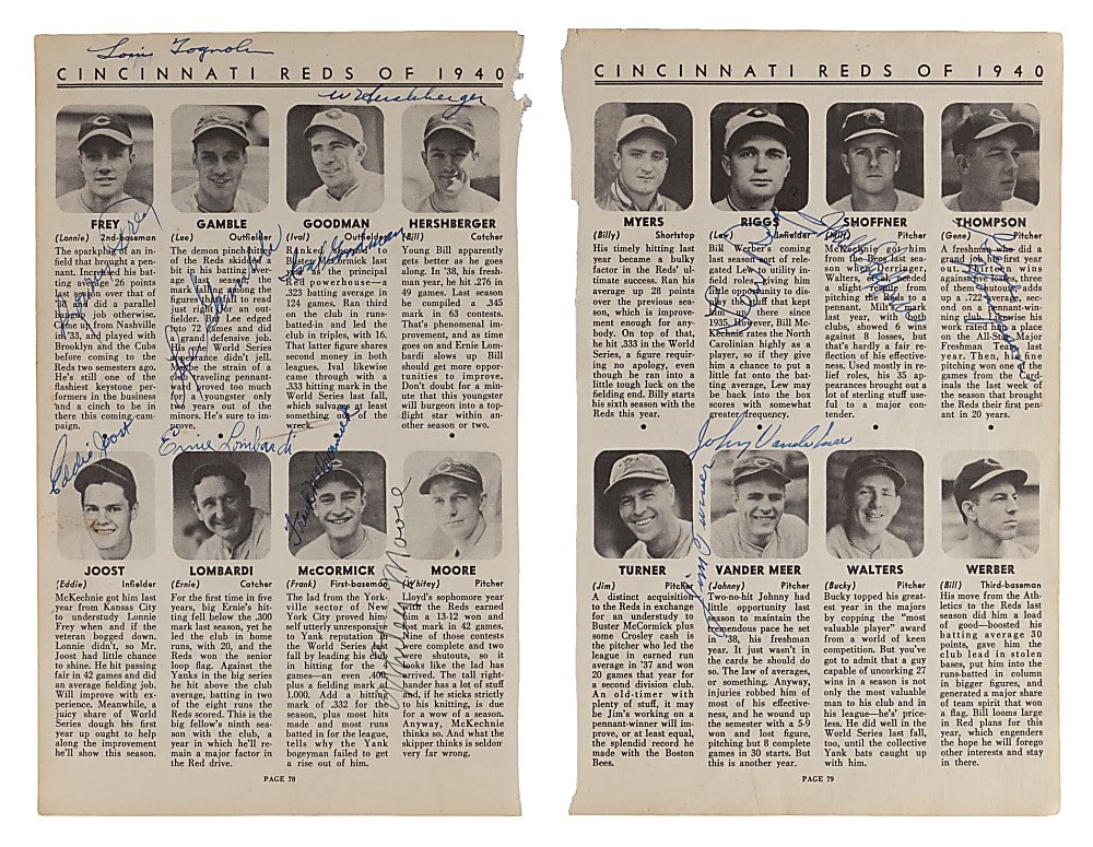 1940 World Champion Cincinnati Reds Team-Signed Yearbook Pages with (21) Signatures Including Ernie Lombardi & Willard Hershberger (D.1940)