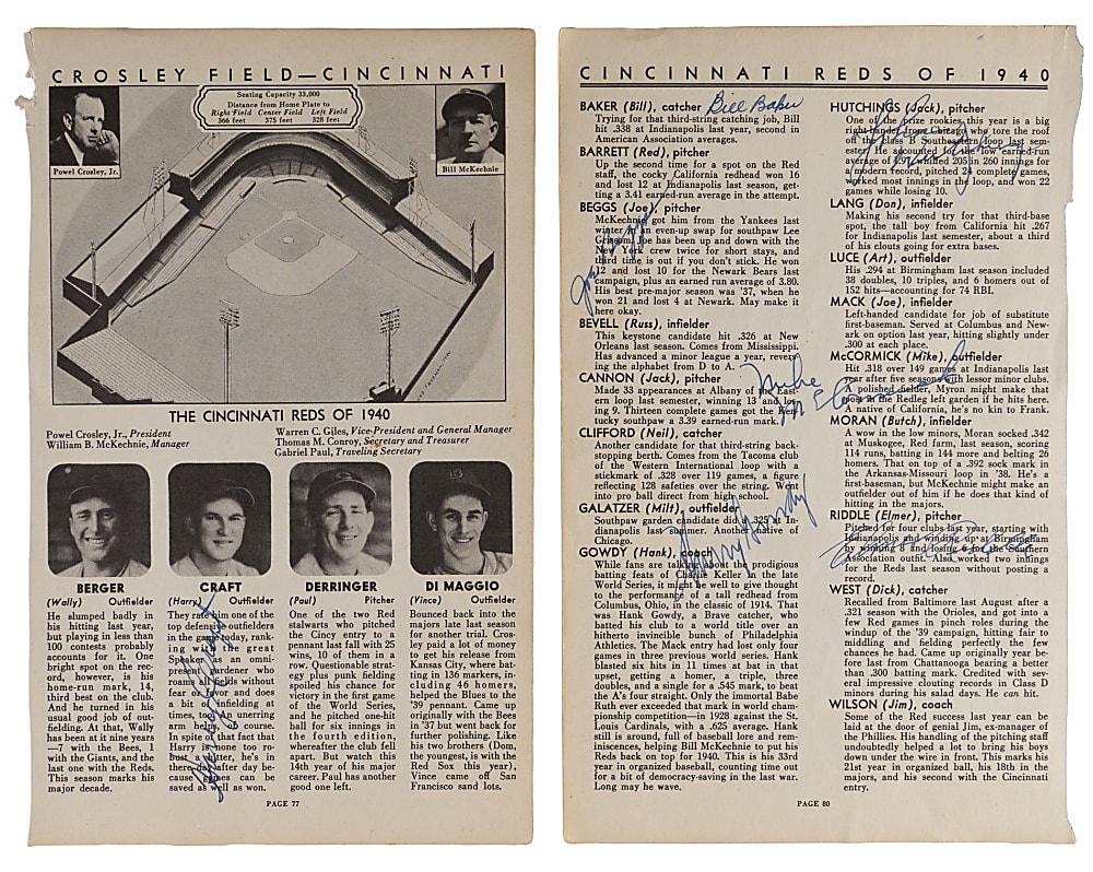 1940 World Champion Cincinnati Reds Team-Signed Yearbook Pages with (21) Signatures Including Ernie Lombardi & Willard Hershberger (D.1940)