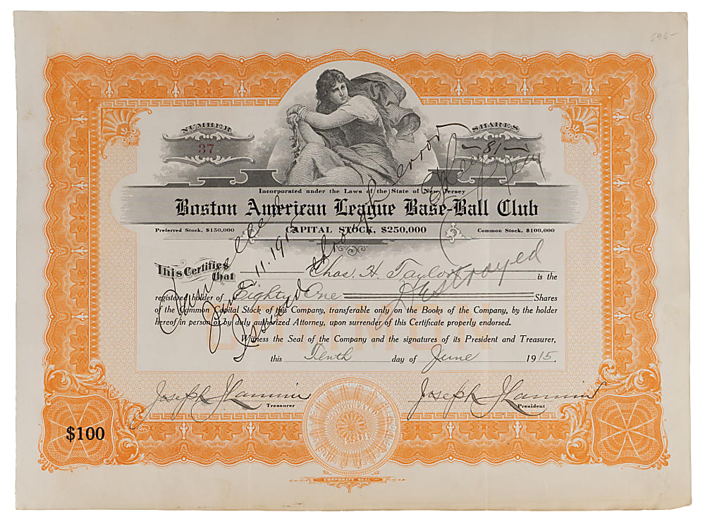 1915 World Champion Boston Red Sox Stock Certificate Twice-Signed by Owner Joseph Lannin
