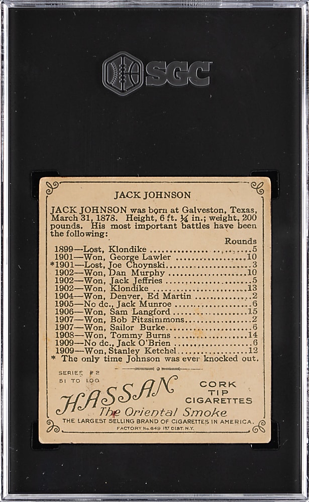 1910 T218 Hassan Champions Jack Johnson Front View SGC VG+ 3.5