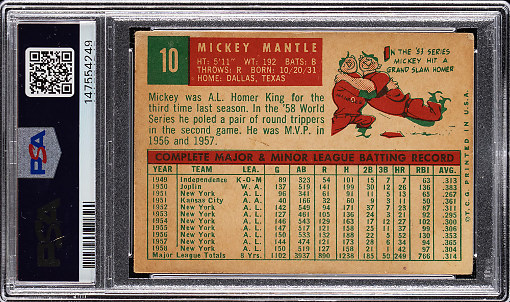 1959 Topps #10 Mickey Mantle PSA GOOD 2