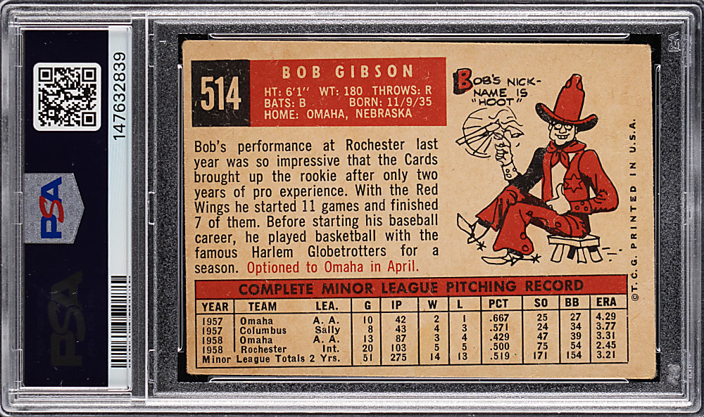 1959 Topps #514 Bob Gibson Rookie High Number PSA VG 3