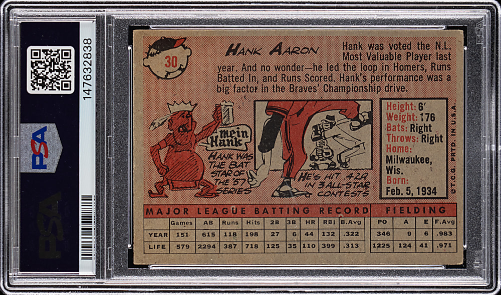1958 Topps #30 Hank Aaron Yellow Name Variation PSA VG+ 3.5