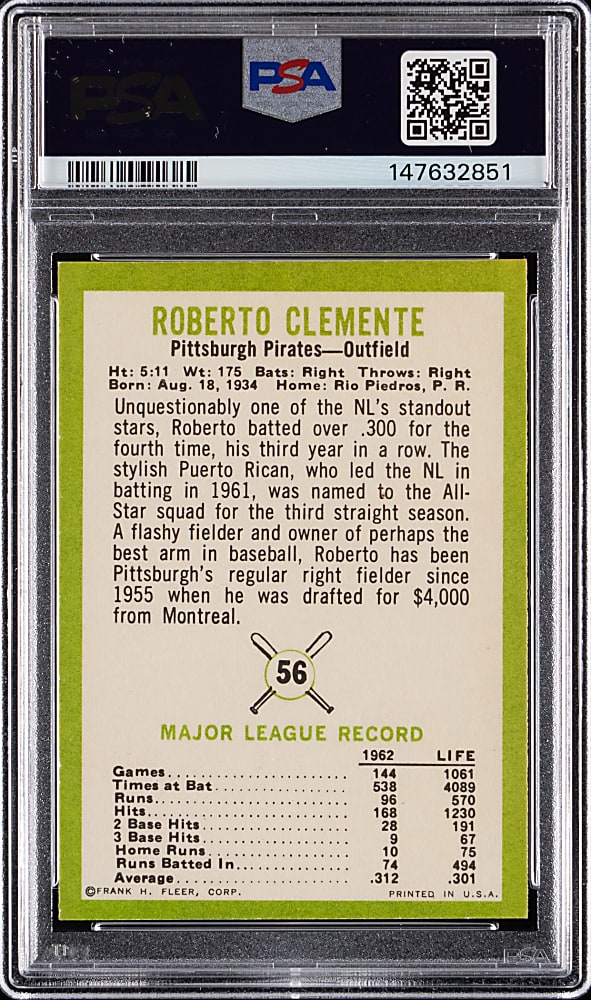 1963 Fleer #56 Roberto Clemente PSA NM-MT 8