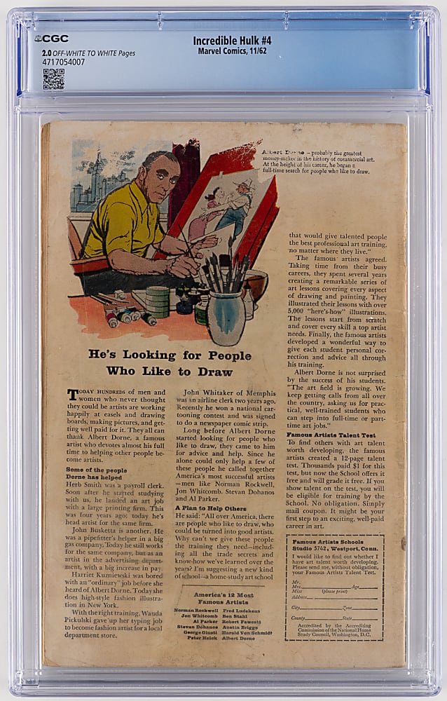 1962 Marvel Comics Incredible Hulk #4 Origin Retold - CGC 2.0