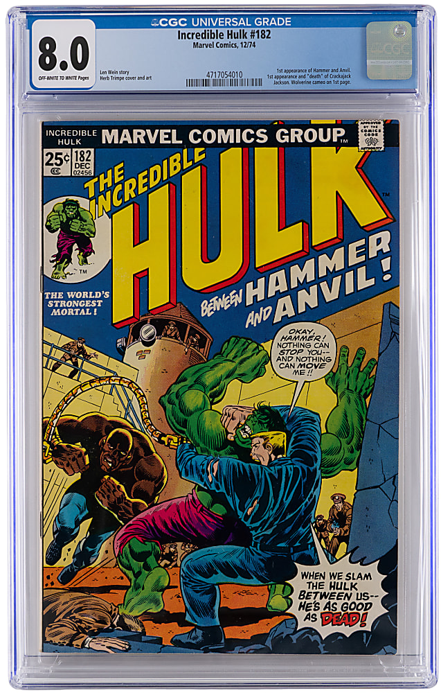 1974 Marvel Comics Incredible Hulk #182 First Hammer and Anvil, First Crackajack, Wolverine Cameo - CGC 8.0