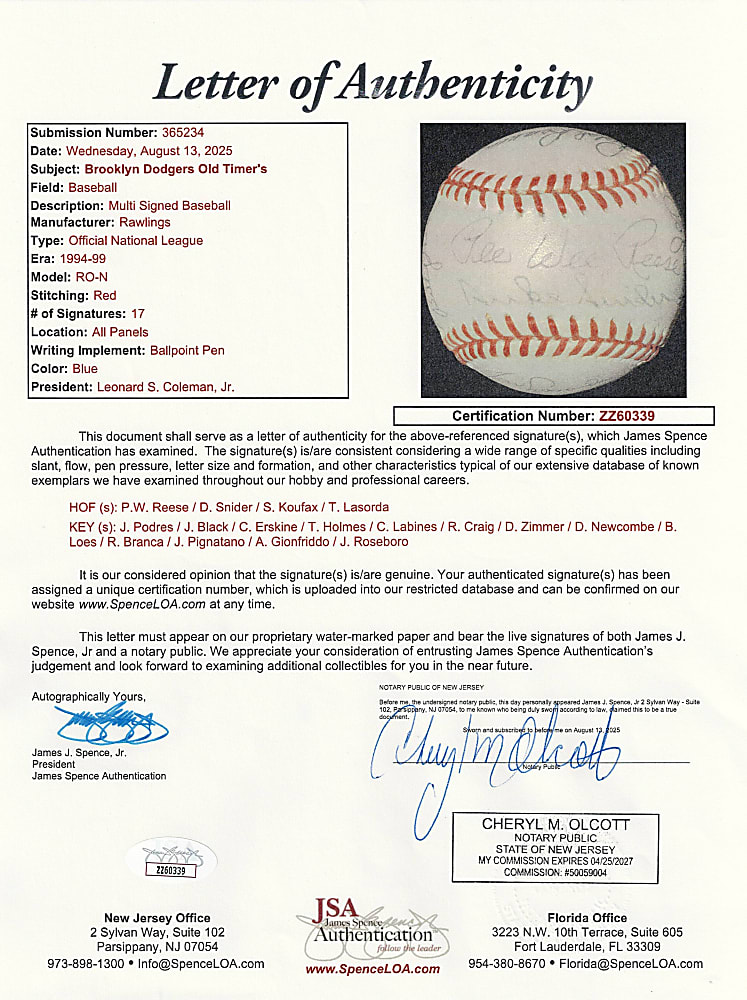 Brooklyn Dodgers Greats ONL/Coleman Baseball (17) with Koufax, Lasorda, Reese & Snider - Full JSA LOA