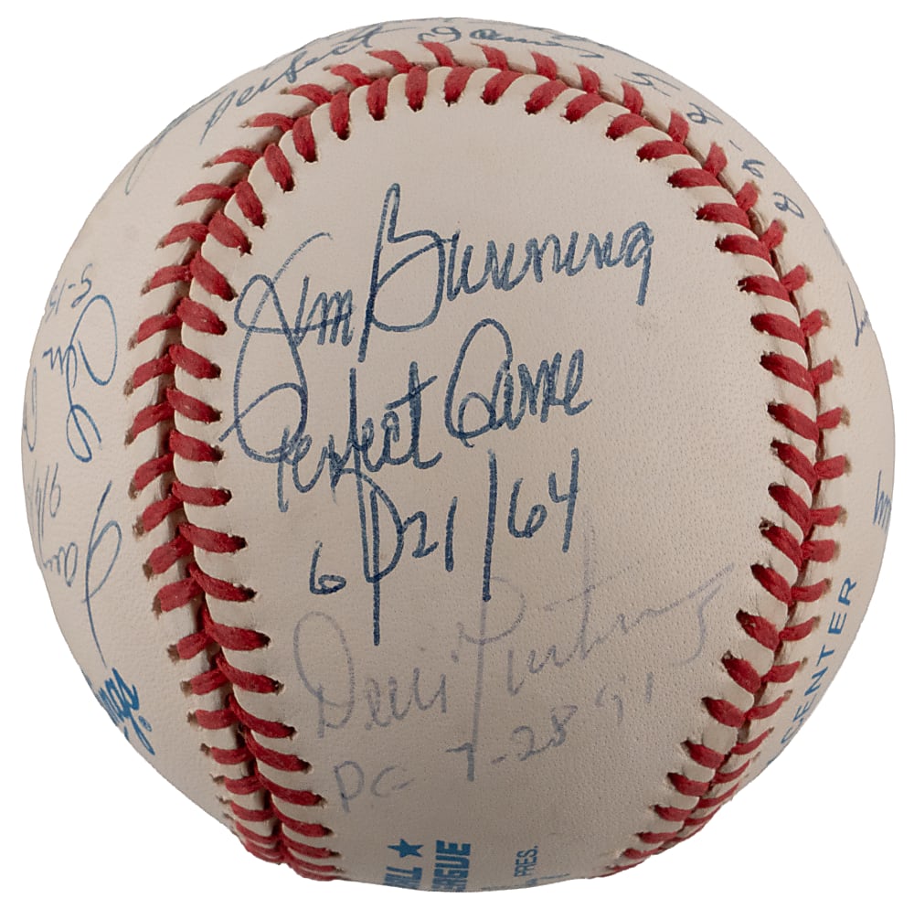 Perfect Game Multi-Signed & Inscribed OAL/Budig Baseball (10) Including Catfish Hunter & Sandy Koufax