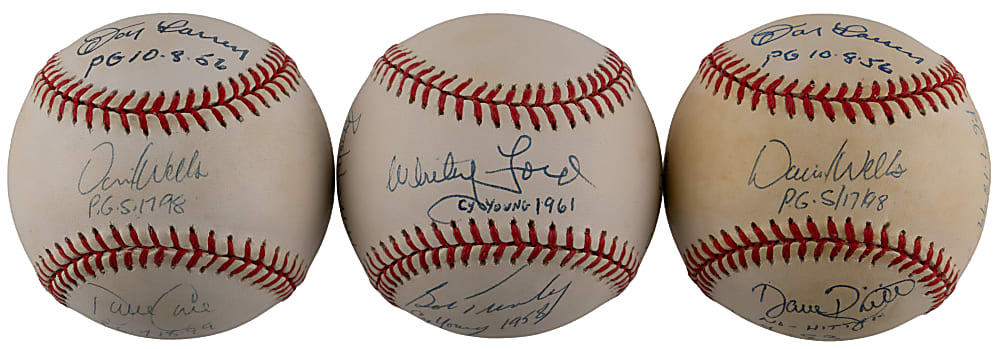 New York Yankees Cy Young, No-Hitter & Perfect Game Signed Ball Trio (13 Total Signatures)