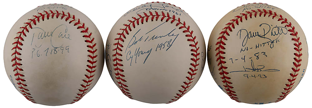 New York Yankees Cy Young, No-Hitter & Perfect Game Signed Ball Trio (13 Total Signatures)